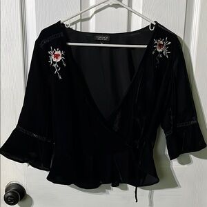 Topshop Black Velvet Embroidered Women's Top